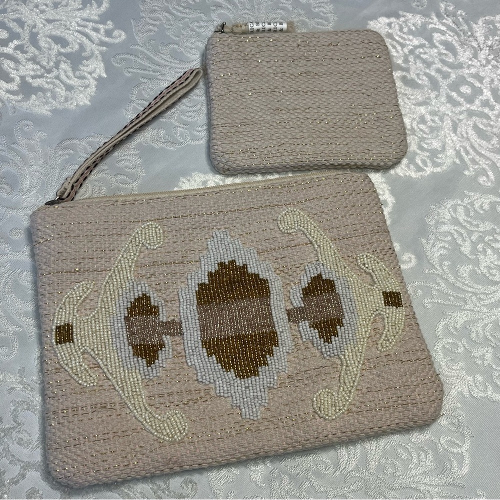 America & Beyond Beaded Wristlet & Pouch Set Light Tan